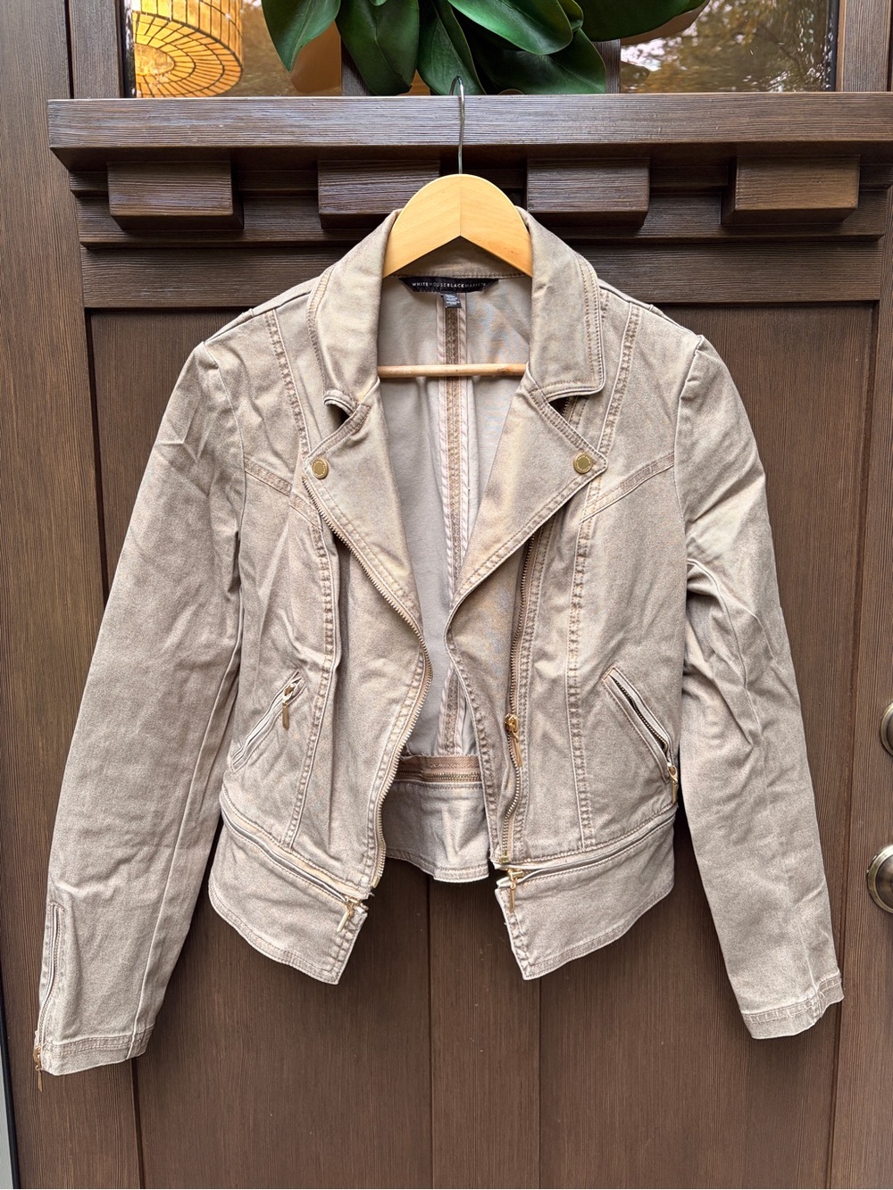White House Black Market Beige Moto Jacket with Gold Hardware